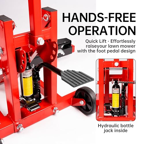 300lb Capacity, Adjustable Riding Lift Jack Heavy Duty Construction with Safety Lock, Non-Slip Wheels&Handle for Tractors, Atvs and Zero Turn Lawn Mowers
