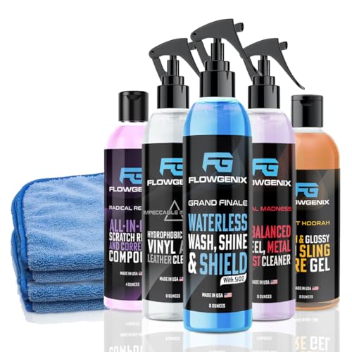 Grand Slam 5-Pack - Waterless Car Wash Detailing Spray, Tire Shine Gel, Scratch Remover, Wheel Metal Rust Cleaner, Interior Cleaner & Protector, 2 Microfiber Towels - color: Grand Slam 5-Pack