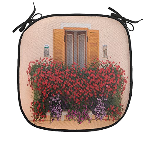 Lunarable Shutters Chair Cushion Pad, Photo of Window with Fresh Flowers Mediterranean Summertime Traditional House, Seat Padding for Kitchen & Patio with Anti-Slip Backing, 16"x16", Red Peach Green - color: Red Peach Green, size: Pack of 1