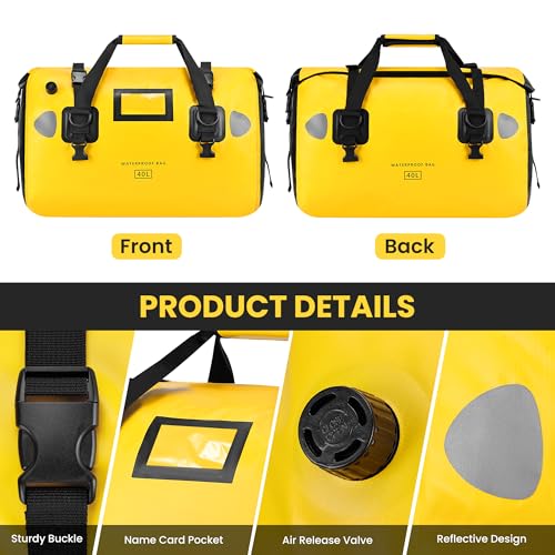 HOMIEE 40L Waterproof Duffel Bag, Waterproof Motorcycle Dry Travel Bag Tail Bag with Roll Top Closure & Shoulder Straps Outer Mesh Zipper Pocket for Camping, Kayaking, Fishing & Traveling - color: Yellow