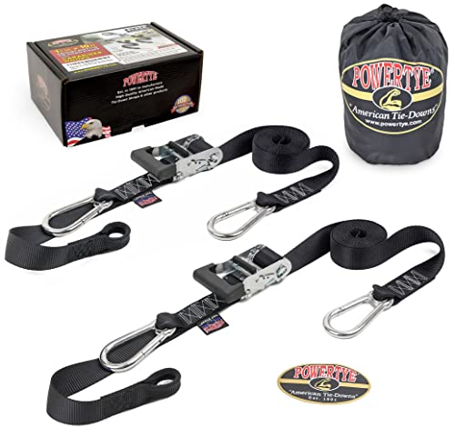 PowerTye 1.5 inch x 10ft Extra Long Ratchet Tie Down Straps, Heavy Duty with Carabiner Hooks, Soft-Tye & Bag, for Motorcycle, ATV & Cargo - 1,000 lb WLL - Made in USA - Black/Black Pair - color: Black, size: 10 ft + Storage Bag