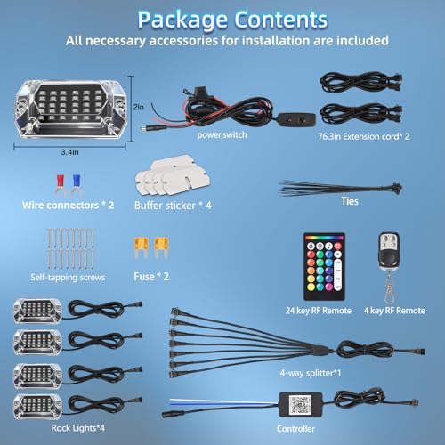 4Pods Full Angle RGB LED Rock Lights Kit with APP/RF Remote Control, Underglow Lights with Brake Multicolor Neon Underbody Lights Waterproof 12V for Trucks Pickup Jeep Golf Cart SXS ATV - size: 4 Pods