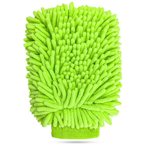 Car Wash Mitt, Scratch-Free & Lint-Free Chenille Microfiber Wash Mitts, Highly Absorbent Double-Sided Glove for Auto Washing and Detailing, Universal Car Accessories (Fluorescent Green) - color: Fluorescent Green, size: 1 PCS