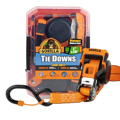 Gorilla Ratchet Tie Down Straps (2Pack) 1in x 16ft 1500lb Break Strength, Self-Locking Retractable, Heavy-Duty Orange Webbing, Gorilla-Grip Handles, Cap Locks, E-Coated Ratchets, Vinyl Hooks for Cargo - style: 1in x 16ft - 1,500lb Break (Pack of 2)