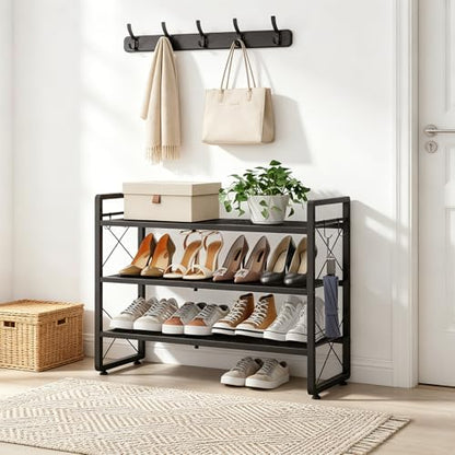 ELYKEN Shoe Rack, 3-Tier Expandable Shoe Organizer for Entryway, Metal Black Shoe Shelf with 4 Hooks, Ajustable Shoe Stand Holder for Closet, Garage, Door Entrance - size: 3-Tier