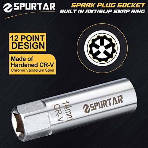 Spurtar 14mm Spark Plug Socket 12-Point Thin Wall 3/8" Drive Spring Clips Spark Plug Removal Tool Compatible with BMW, Mercedes, Nissan, Motorcycle, Car, SUV CRV Steel Wrench - size: 14mm Spring Clip