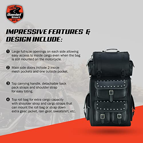 Daniel Smart Multi Pockets Biker Sissy Bar Bag - Included All Weather Protection Rain Cover - Motorcycle Touring Bag - Black - color: Studs