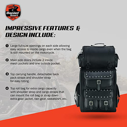 Daniel Smart Multi Pockets Biker Sissy Bar Bag - Included All Weather Protection Rain Cover - Motorcycle Touring Bag - Black - color: Studs