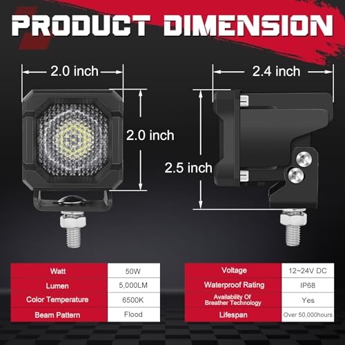 LED Pods, OFFROADTOWN 2inch 50W LED Cubes Flood Off Road Driving Lights Pods Backup Reverse Light Scene Light for Truck Pickup UTV ATV SUV 4x4 Car Motorcycle - Flood - color: 2inch_White Flood