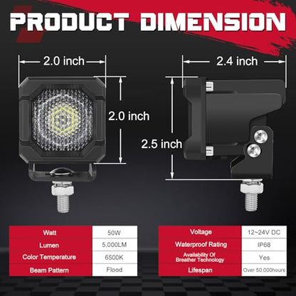 LED Pods, OFFROADTOWN 2inch 50W LED Cubes Flood Off Road Driving Lights Pods Backup Reverse Light Scene Light for Truck Pickup UTV ATV SUV 4x4 Car Motorcycle - Flood - color: 2inch_White Flood