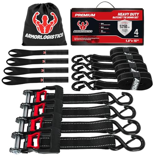 Ratchet Straps Heavy Duty (1.5in x 15ft) - 5,250lb Break Strength Motorcycle Tie Downs with 15ft Soft Loops - 4Pack Ratchet Tie Down Straps for Motorcycles, Truck, Cargo, Storage Bag (Black) - color: Black, size: 5250 lb
