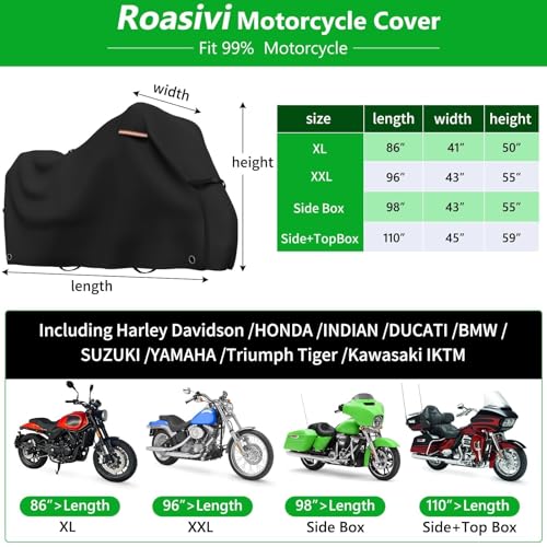 Roasivi Motorcycle Covers Waterproof Outdoor Storage for Harley Davidson Touring Models Heavy Duty Cover for General Motorcycle 98" L x 43" W x 55" H Black - size: 98"x43"x55"
