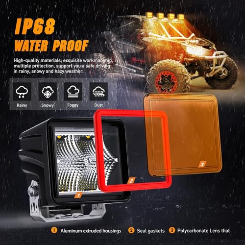 Nilight 3 Inch Cube Amber LED Pod Light Bar 20 W 1240LM Super Flood Screw-Less Offroad Driving Work Lights w/16AWG DT Wiring Harness Kit for Truck UTV 4x4 ATV Motorcycle - color: Indirect 4LED Flood Pod-Amber