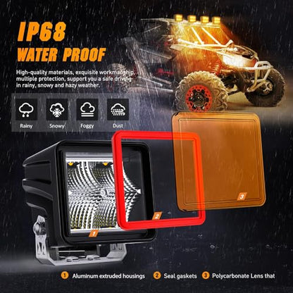 Nilight 3 Inch Cube Amber LED Pod Light Bar 20 W 1240LM Super Flood Screw-Less Offroad Driving Work Lights w/16AWG DT Wiring Harness Kit for Truck UTV 4x4 ATV Motorcycle - color: Indirect 4LED Flood Pod-Amber