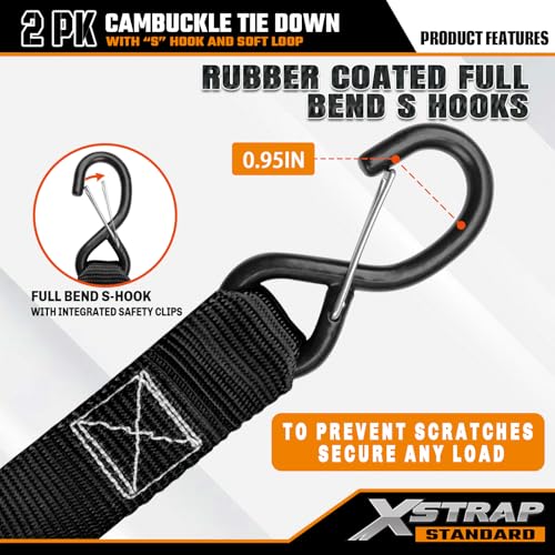 XSTRAP STANDARD Motorcycle Tie Down Straps (2 Pack) 3,000lb Break Strength, 1.5 in X 8FT Heavy-Duty Cambuckle Tie Down Set with S Hook and Soft Loops, Black - color: Black