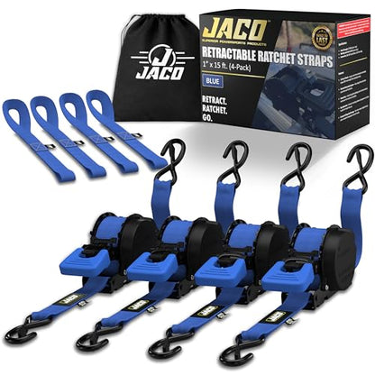 JACO Retractable Ratchet Straps - 1 in x 15 ft (4-Pack) (1,760lbs Break Strength) | Auto Self Retracting Cargo Tie Down Strap Set (Blue) - color: Blue, size: 4-Pack