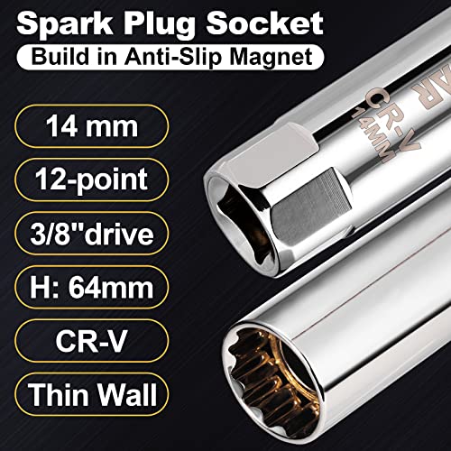 Spurtar 14mm Spark Plug Socket 3/8-inch Drive Thin Wall Magnetic Spark Plug Socket - 12-Point Design Compatible with BMW, Mercedes, Nissan, Mini Motorcycle, SUV, Car - size: 14mm Magnetic