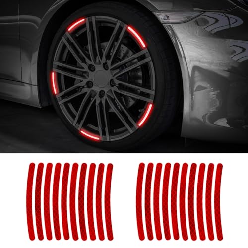 20PCS Reflective Car Wheel Decorative Stripe Stickers, Night Safety Warning Tape Sticker, Anti-Scratch Tire Rims Sticker, Universal Fluorescent Auto Decals for Motocycle Bike (Red) - color: Red