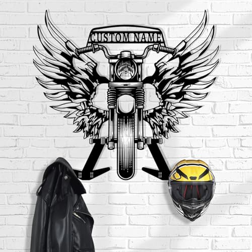 Custom Metal Motorcycle Helmet Holder Wall Mount, Personalized Helmet Display Hanger with 2 Hooks, Helmet Hanger for Motorcycle Accesories Storage, Rack Organizer & Display for Helmet Coat - color: Style 01
