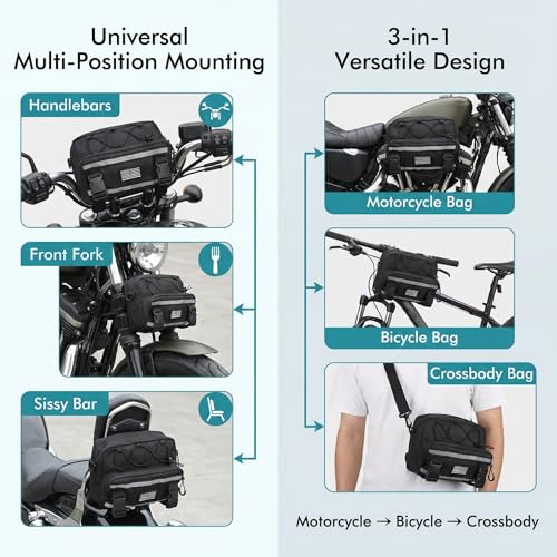 Riverruns Reflective Motorcycle Handlebar Bag Dual Strips Quick Access - 2.5L Universal Tool Pouch, Bright Orange Lining, Glasses Pocket, Multi-Mount Cruiser Front Fork Sissy Bar Convertible