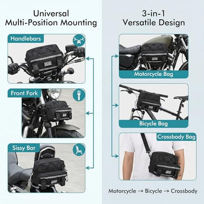 Riverruns Reflective Motorcycle Handlebar Bag Dual Strips Quick Access - 2.5L Universal Tool Pouch, Bright Orange Lining, Glasses Pocket, Multi-Mount Cruiser Front Fork Sissy Bar Convertible