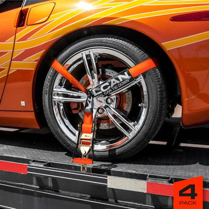 VULCAN Car Tie Down with Chain Anchors - Lasso Style - 2 Inch x 96 Inch - 4 Pack - PROSeries - 3,300 Pound Safe Working Load - size: Chain Anchors - ProSeries Orange (4 Pack)