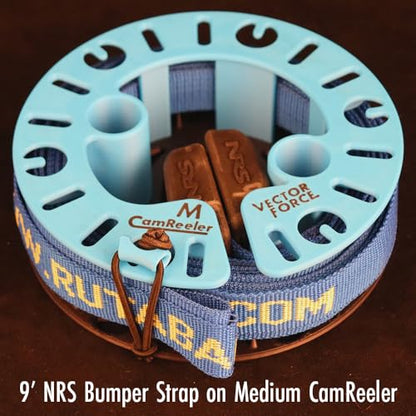 CamReeler Medium Load Strap Manager - Roll Up a Pair of Cam Buckle or Ratchet Straps with Boots or Bumpers - for 9 to 12 Foot Straps - 1 Pack with Pair of StrapMasters - color: Medium Blue + StrapMasters