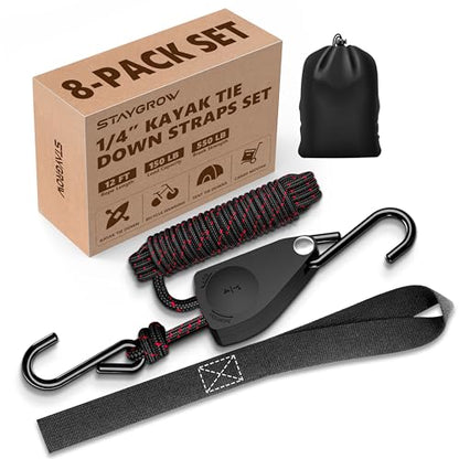 Kayak Straps Tie Downs 8 Pack Set, Roof Rack Straps Adjustable Ratchet Tie Down Straps with Lock S Hooks, 1/4 Inch 12 Feet Ratchet Straps for Small Cargo, Kayak-Soft Loops, Packing, Camping Gear - size: 8-Pack 1/4"