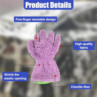 2PCS Car Wash Mitts, Double Sided Chenille Microfiber Dusting Gloves with 5-Finger Design, Anti-Scratch Auto Interior Exterior Detailing Mitt for Cleaning Wheel Tight Spot (Purple) - color: Purple