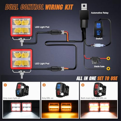 Nilight LED Pod Lights with Amber DRL 3 Inch 20 W Cube Driving Light 2200 LM Super Spot Light 16AWG Wiring Harness Kit Off Road LED Work Lights for Jeep Truck UTV 4x4 ATV Motorcycle - color: Indirect 4LED Spot Pod w/Amber DRL
