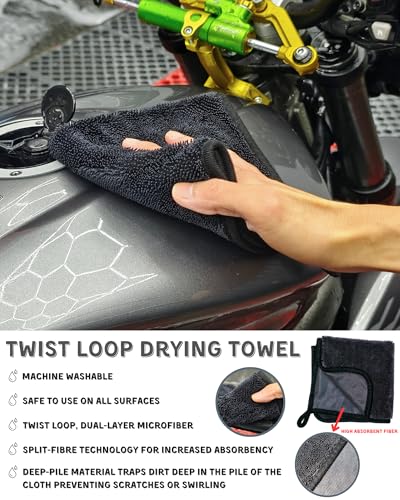 oesee 8 Pack Motorcycle Cleaning Kit - Professional Safe for Chrome/Engine/Tires, Hard Reach Brush, Microfiber Mitt, Detailing Tools, Drying Towel & Wax Applicators