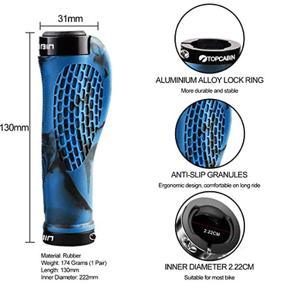 TOPCABIN Ergonomic Bike Grips - Widen Holding Rubber Grips with Aluminum LockGrips for Mountain & Road Bikes - color: Rubber Blue (1 Pair)