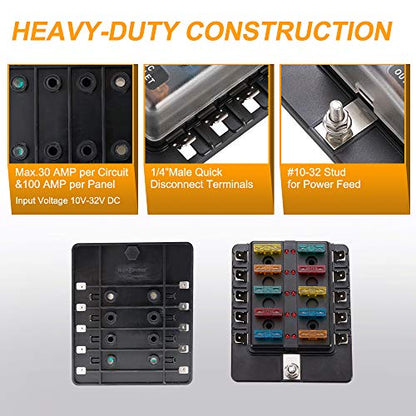 BUNKER INDUST 10-Way Fuse Box Blade Fuse Block Holder with LED Indicator for Blown Fuse Waterpoof Protection Cover for Car Boat Marine Automotive,Include 20Pcs Blade Fuses and 1Pcs DIY Sticker - color: 1Pcs 10-Way Blade Fuse Box