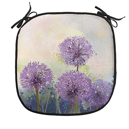 Lunarable Purple Chair Cushion Pad, Onion Flowers in The Field Flourish Seasonal Freshening Nature Design Paint Style, Seat Padding for Kitchen & Patio with Anti-Slip Backing, 16"x16", Beige Lilac - color: Beige Lilac, size: Pack of 1