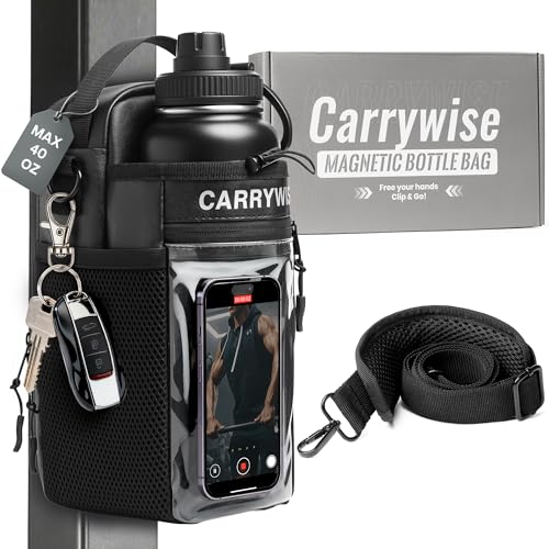 Magnetic Gym Bag, Gym Bags for Men and Women, Hands-Free Water Bottle Holder with Strap & Touchscreen Pocket, Attachable Water Bottle Bag for Treadmill, Workout & Fitness Equipment (No Bottles)