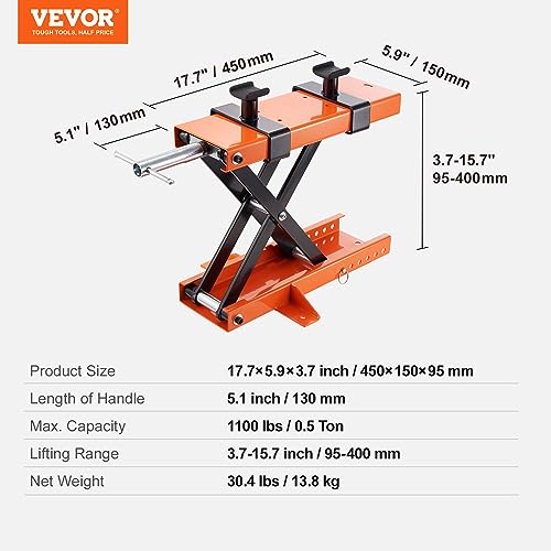 VEVOR Motorcycle Lift, 1100 LBS Motorcycle Center Scissor Lift Jack with Saddle & Safety Pin, Steel Motorcycle Jack Hoist Stand for Street Bikes, Cruiser Bikes, Touring Motorcycles
