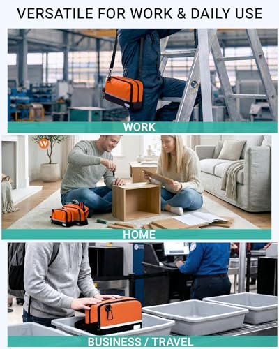 2 Pack Small Tool Bags Zipper Pouch for Organizing, with Adjustable Shoulder Strap & Carabiner, Utility Small Tool Pouch with Multi Pocket Compartments and Label Area (12" & 10") - color: Blue/Orange