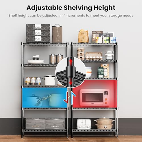 72" H Storage Shelves 5 Tier Wire Shelving with Shelf Liners, Adjustable Metal Garage Shelving, 1325LBS Heavy Duty Commercial Storage Rack for Pantry Kitchen, 35" W x 16" D x 72" H, Black - size: 35" W x 16" D x 72" H-5 Tier