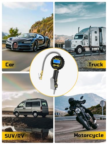 AZUNO Digital Tire Inflator with Pressure Gauge, 200 PSI Heavy Duty Air Compressor Accessories, with 14'' Steel-Braided Hose Lock on Air Chuck and Quick Connect Coupler