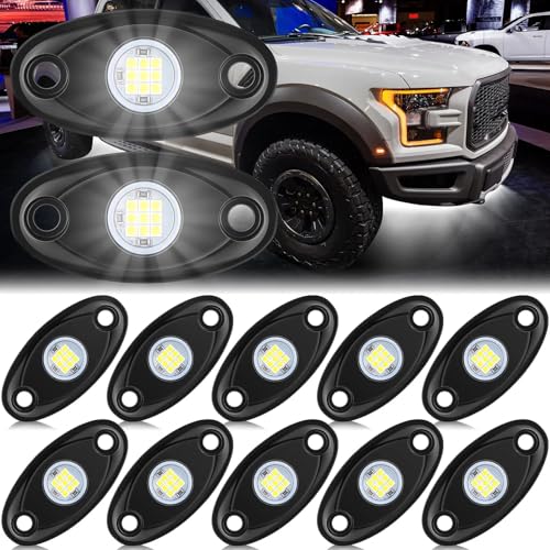 Macarrie 12 Pods Rock LED Lights Waterproof Neon Underglow Trail Rig Lamp Lighting for Car SUV Pickup Truck Motorcycle Boat ATV Utv RZR Rv Offroad Trailer Fender Under Body Golf(White) - color: White