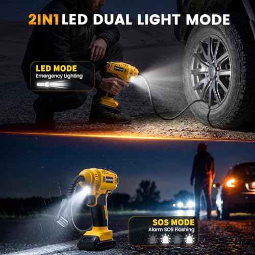 Tire Inflator Air Compressor Compatible with Dewalt 20V Battery, 150PSI Cordless Portable Air Pump with Digital Pressure & Auto Shut-Off, LED Light for Car Motorcycles Bike Ball (Tool Only)