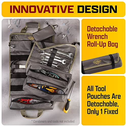 The Ryker Official PRO Tool BAG Organizer Heavy Duty Foldable Storage Bag with Detachable Pouches, Wrench Holder, Rugged Canvas for Mechanics, Electricians, Motorcycle Use, Practical Gift for Dads - style: Gray PRO