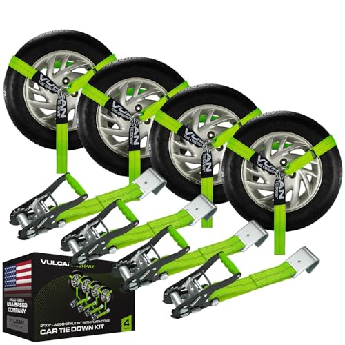 VULCAN Car Tie Down with Flat Hooks - Lasso Style - 2 Inch x 96 Inch - 4 Pack - High-Viz - 3,300 Pound Safe Working Load - size: Flat Hooks - High Viz Green (4 Pack)