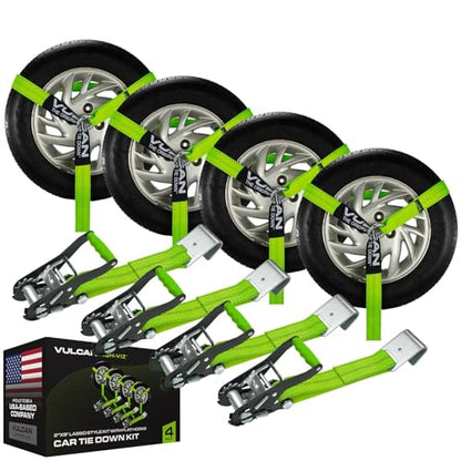 VULCAN Car Tie Down with Flat Hooks - Lasso Style - 2 Inch x 96 Inch - 4 Pack - High-Viz - 3,300 Pound Safe Working Load - size: Flat Hooks - High Viz Green (4 Pack)