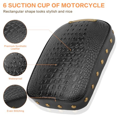 Motorcycle Rectangular Passenger Pad Seat Rear Leather Pillion Cushion 6 Suction Cup Compatible with Harley Dyna Sportster XL 883 1200 Chopper Custom (Black Crocodile Rivet) - style: 6 Suction Cup-Black Crocodile Rivet