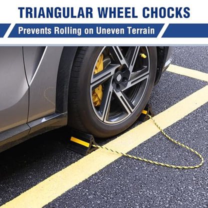 WORKPRO 4-Pack Rubber Wheel Chocks with Rope & 3 Reflective Strips, Heavy Duty Non-Slip Tire Stoppers for Cars, SUVs & Trailers, Rubber Wheel Wedges for Garage & Driveway