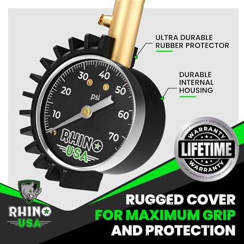 Rhino USA Heavy Duty Tire Pressure Gauge (0-75 PSI) - Certified ANSI B40.1 Accurate, Large 2" Easy Read Glow Dial, Premium Braided Hose, Solid Brass Hardware, Best for Any Car, Truck, Motorcycle, RV - size: 75 PSI Compact