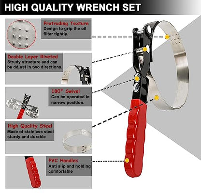 9pcs Oil Filter Wrench Set, 9" and 12" Oil Filter Pliers with Oil Snap Funnel for Automotive Oil Change, Adjustable Oil Filter Removal Tool From 1-3/4" to 6"