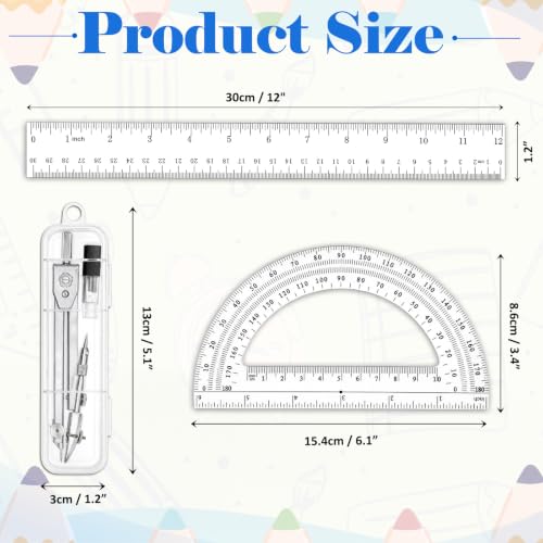 Coopay 3 Pcs Plastic 12 Inch Ruler, Clear Protractor and Compasses Set | Clear Ruler, Protractor and Compass set, Geometry, Durable, Drawing, Measuring, Math, Art, Classroom, School, Student - size: 3 Pcs Geometry Math Tool