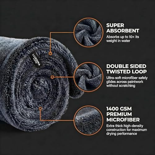 Car Drying Towel Extra Large 36" x 24" 1400 GSM Twisted Loop Microfibre - Charcoal Drying Towel Car Detailing, Double-Sided Edgeless Design, Super Absorbent, Durable Machine Washable and Lint-Free